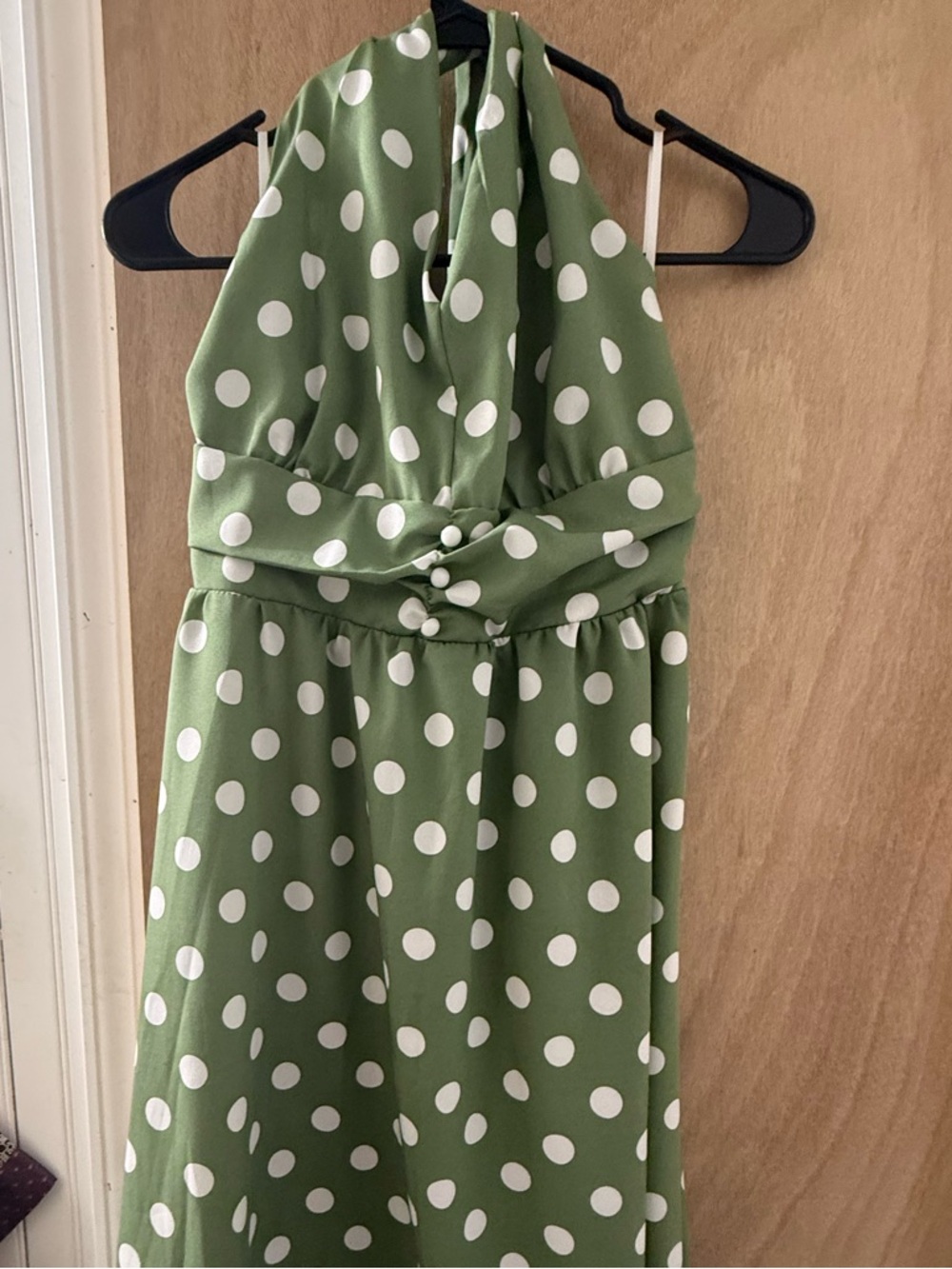 SHEIN Rockabilly Green and White Polka Dot Halter Dress